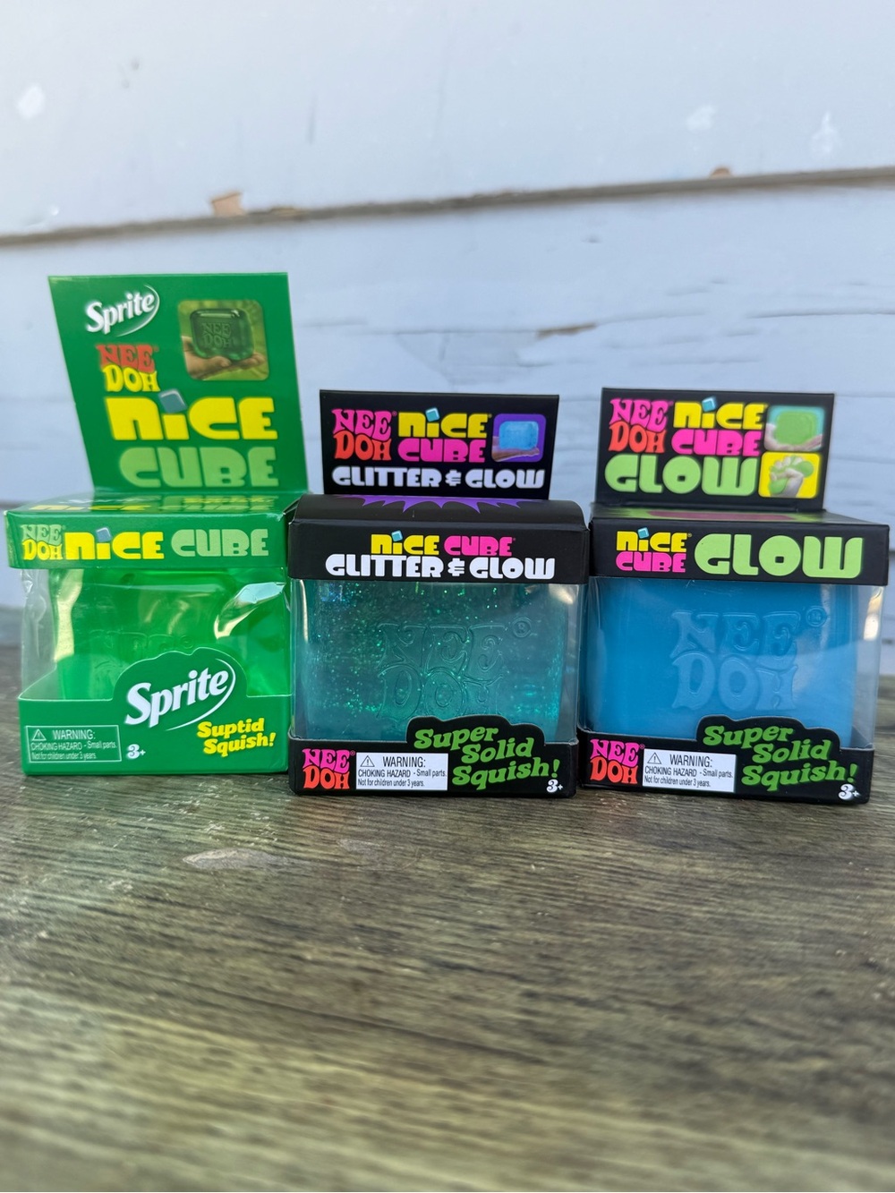 Nee Doh Nice Cube Glitter & Glow Squish Set - Green and 2 Blue